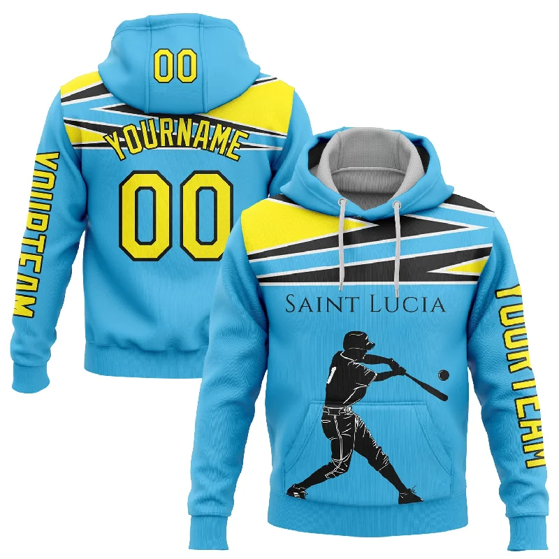 Colorful Hoodie for Vibrant Looks-Custom Stitched Sky Blue Light Yellow-Black 3D Saint Lucia Saint Lucian Flag Sports Pullover Sweatshirt Hoodie