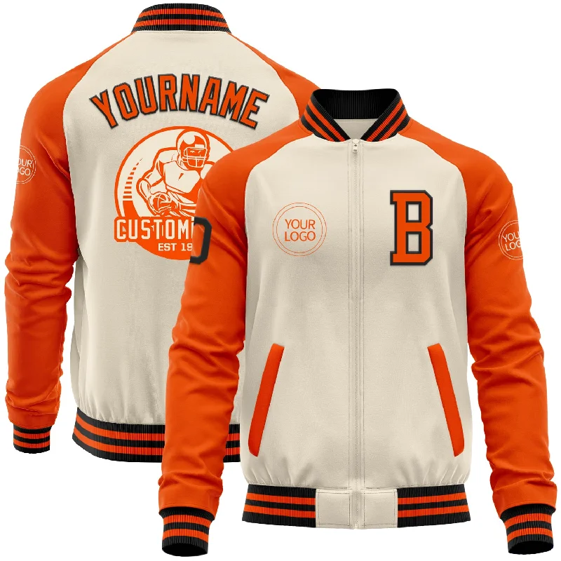 Premium Denim Jacket for Timeless Fashion-Custom Cream Black-Orange Bomber Varsity Letterman Two Tone Zipper Jacket