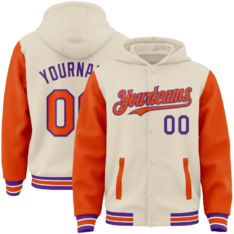 Stylish Zip-Up Hoodie for Casual Outfits-Custom Cream Orange Purple-White Bomber Full-Snap Varsity Letterman Two Tone Hoodie Jacket