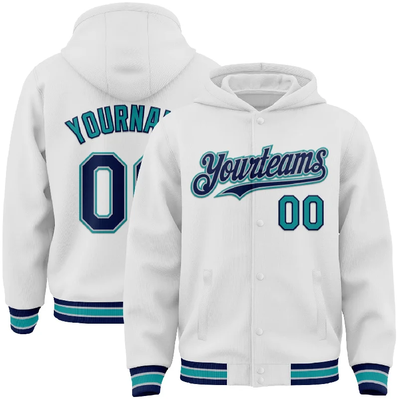 Lightweight Performance Hoodie for Sports-Custom White Navy Gray-Teal Bomber Full-Snap Varsity Letterman Hoodie Jacket