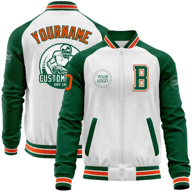 Cool Color-Blocked Jacket for Bold Outfits-Custom White Orange-Kelly Green Bomber Varsity Letterman Two Tone Zipper Jacket