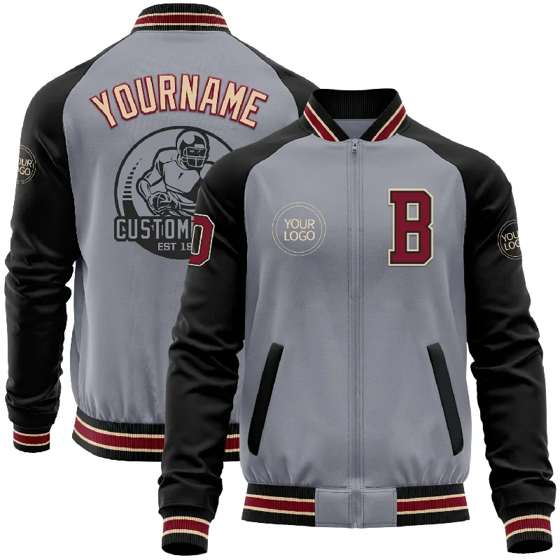 Customizable Jacket for Personalized Style-Custom Gray Crimson Black-City Cream Bomber Varsity Letterman Two Tone Zipper Jacket