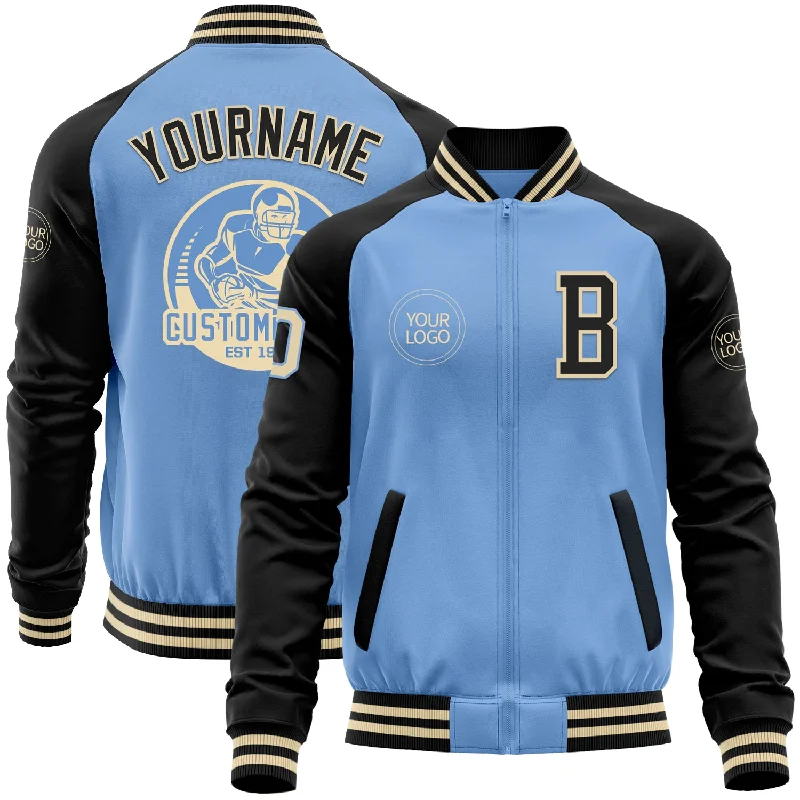 Cool Printed Jacket for Bold Fashion Statements-Custom Light Blue Cream-Black Bomber Varsity Letterman Two Tone Zipper Jacket