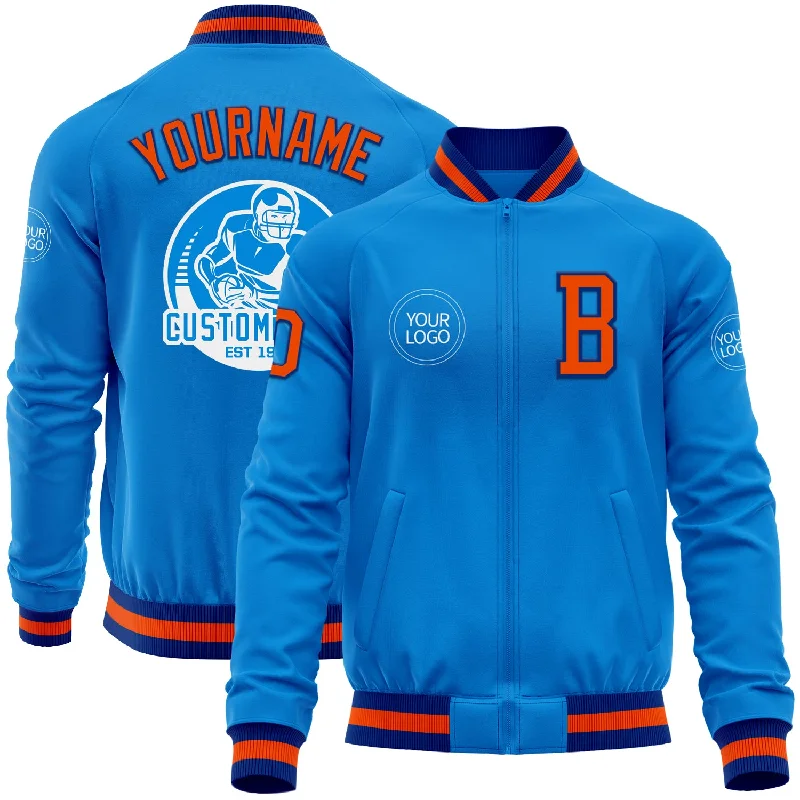 Sporty Baseball Jacket for Casual Outfits-Custom Powder Blue Orange-Royal Bomber Varsity Letterman Zipper Jacket