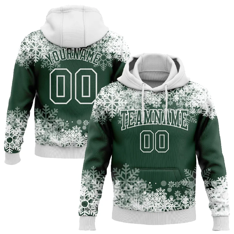 Soft Fleece Hoodie for Ultimate Comfort-Custom Stitched Green White Christmas Snowflakes 3D Sports Pullover Sweatshirt Hoodie