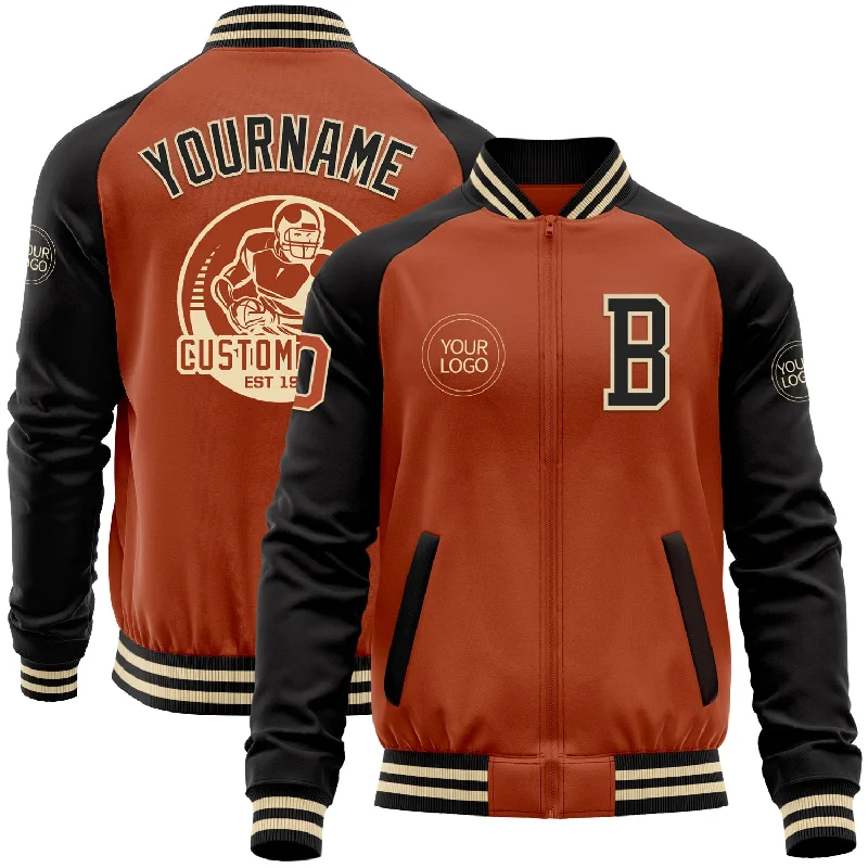 Cool Color-Blocked Jacket for Bold Outfits-Custom Texas Orange Cream-Black Bomber Varsity Letterman Two Tone Zipper Jacket