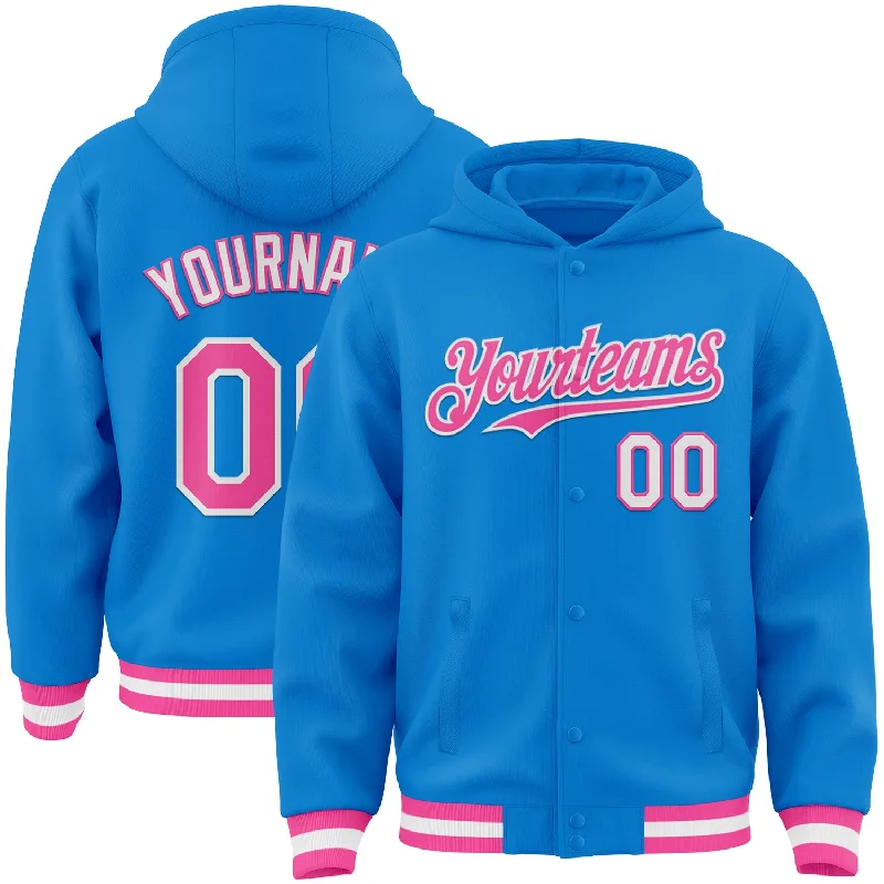 Lightweight Hoodie for Active Days-Custom Powder Blue Pink-White Bomber Full-Snap Varsity Letterman Hoodie Jacket