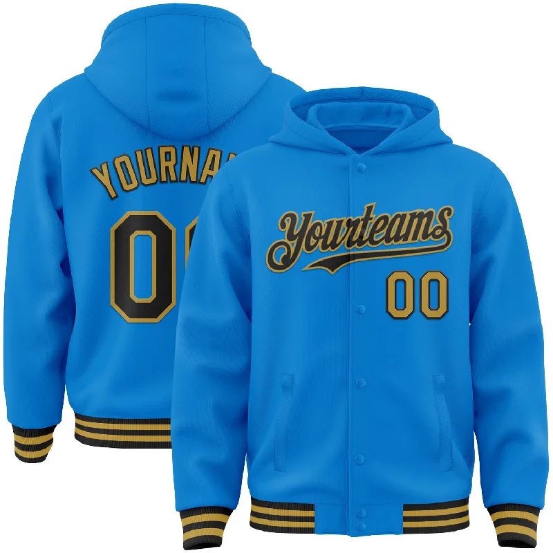 Warm Hoodie for Outdoor Adventures-Custom Powder Blue Black-Old Gold Bomber Full-Snap Varsity Letterman Hoodie Jacket