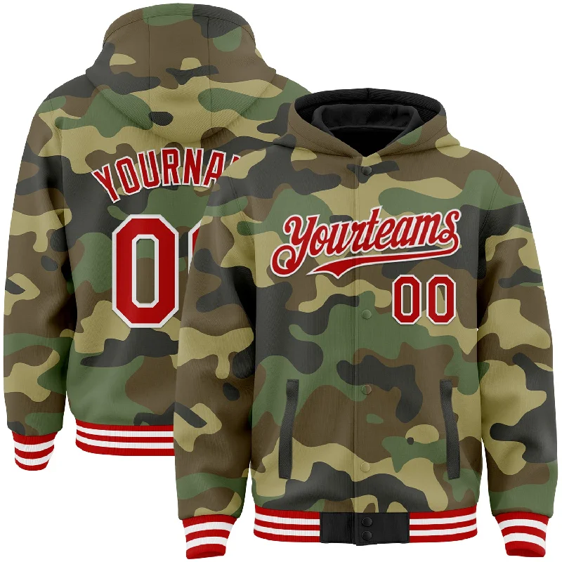 Retro-Inspired Hoodie for Vintage Look-Custom Camo Red-White Bomber Full-Snap Varsity Letterman Salute To Service Hoodie Jacket