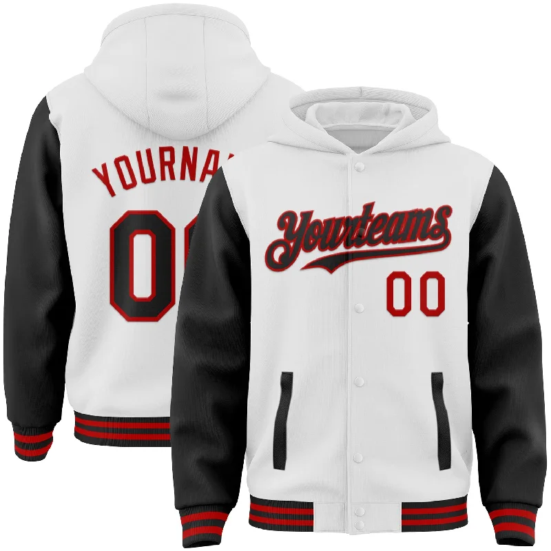 Sleek Hoodie for Cool, Casual Style-Custom White Black-Red Bomber Full-Snap Varsity Letterman Two Tone Hoodie Jacket