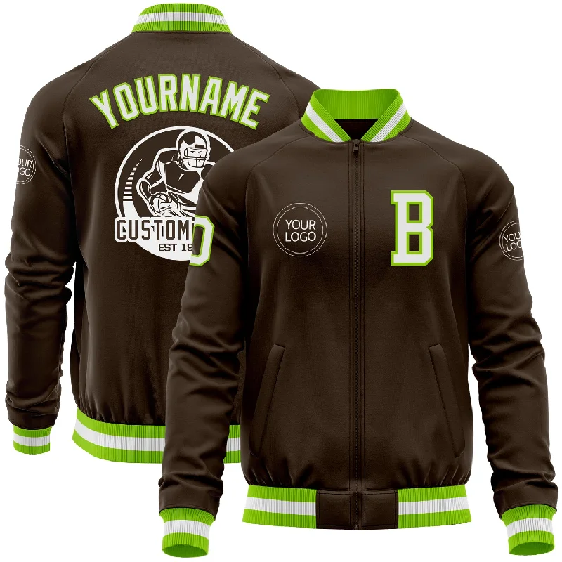 Casual V-Neck Jacket for Relaxed Vibes-Custom Brown White-Neon Green Bomber Varsity Letterman Zipper Jacket