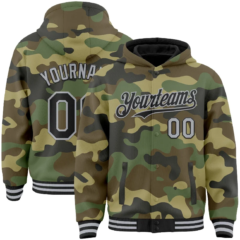 Comfortable Hoodie for Travel Days-Custom Camo Black-Gray Bomber Full-Snap Varsity Letterman Salute To Service Hoodie Jacket