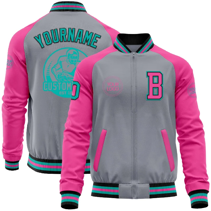 Trendy Utility Jacket with Multiple Pockets-Custom Gray Aqua Black-Pink Bomber Varsity Letterman Two Tone Zipper Jacket