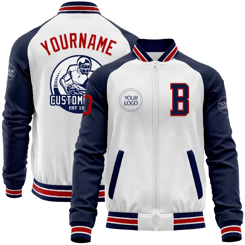 Soft Cashmere Blend Jacket for Luxurious Feel-Custom White Red-Navy Bomber Varsity Letterman Two Tone Zipper Jacket