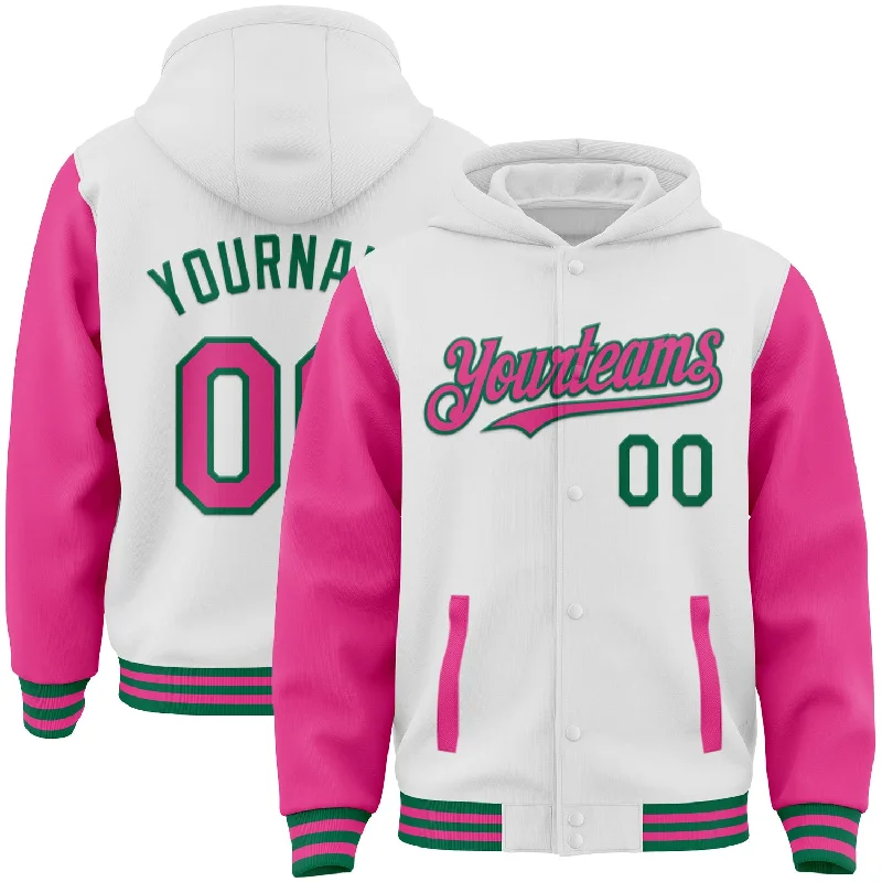 Stylish Zip-Up Hoodie for Casual Outfits-Custom White Pink-Kelly Green Bomber Full-Snap Varsity Letterman Two Tone Hoodie Jacket