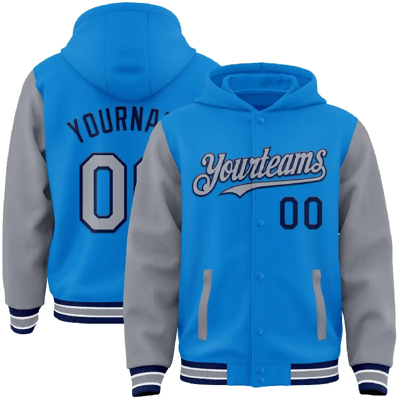 Urban Hoodie for City Life Fashion-Custom Powder Blue Gray-Navy Bomber Full-Snap Varsity Letterman Two Tone Hoodie Jacket