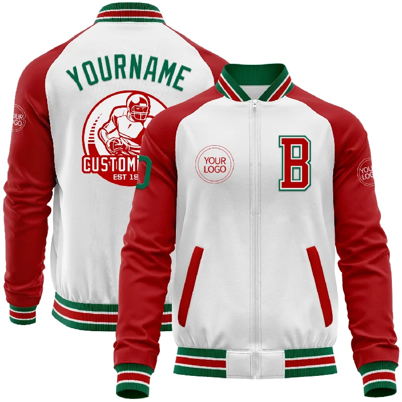 Light Zip Jacket for Spring and Fall-Custom White Kelly Green-Red Bomber Varsity Letterman Two Tone Zipper Jacket