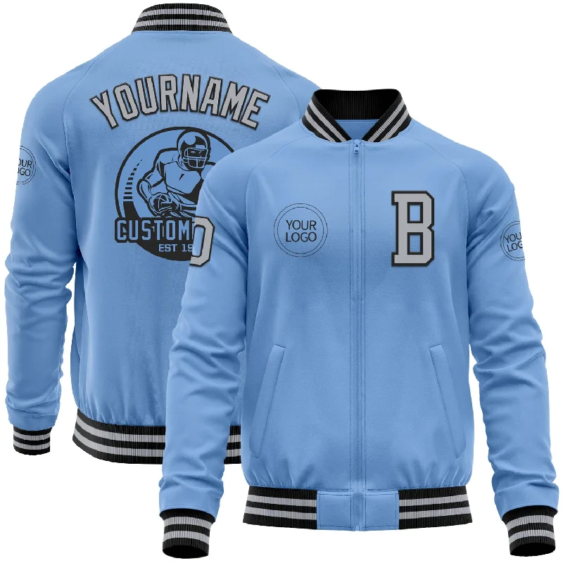 Warm Winter Jacket for Cold Weather-Custom Light Blue Gray-Black Bomber Varsity Letterman Zipper Jacket