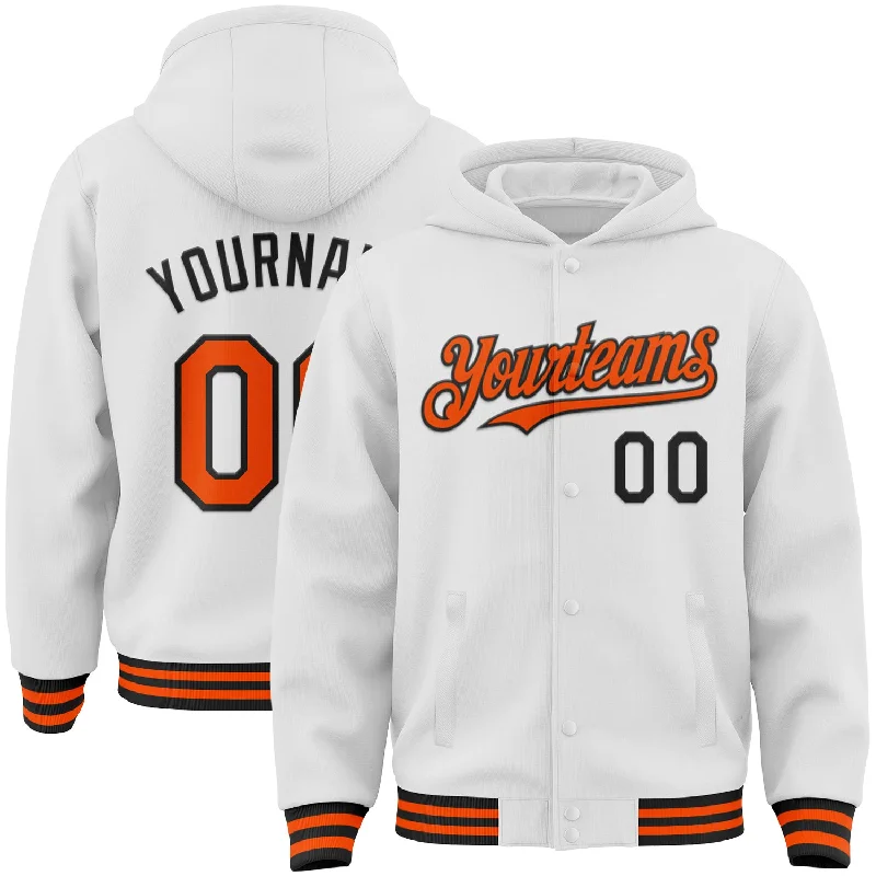 Hoodie with Graphic Design for Artistic Look-Custom White Orange-Black Bomber Full-Snap Varsity Letterman Hoodie Jacket