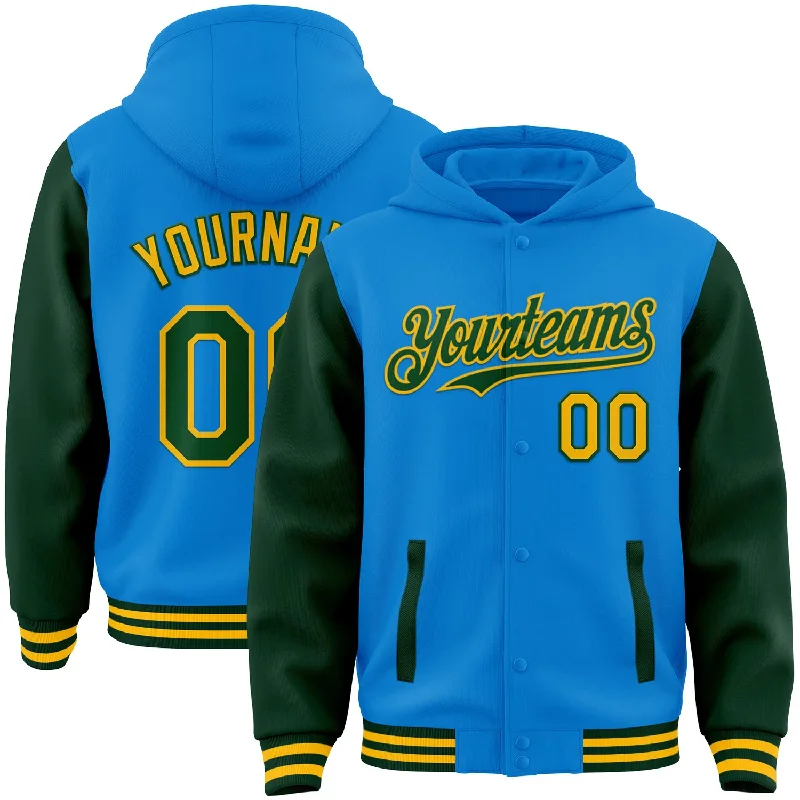 Trendy Graphic Hoodie for Fashion Forward-Custom Powder Blue Green-Gold Bomber Full-Snap Varsity Letterman Two Tone Hoodie Jacket