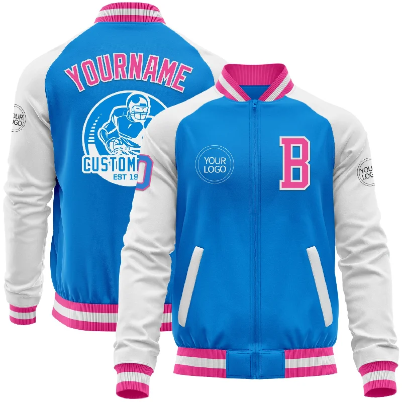 Casual Canvas Jacket for Everyday Wear-Custom Powder Blue Pink-White Bomber Varsity Letterman Two Tone Zipper Jacket