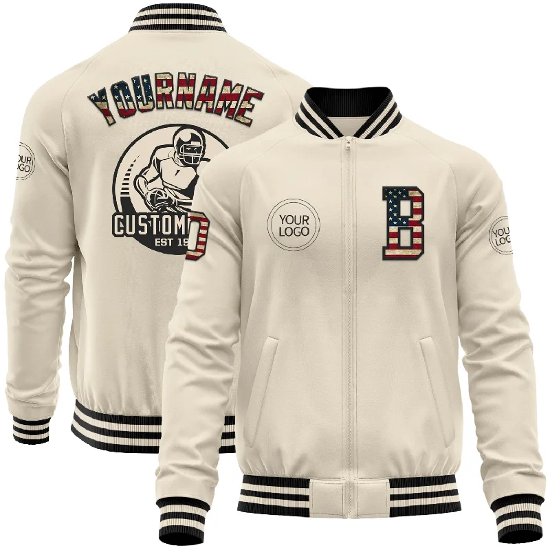 Warm Fleece-Lined Jacket for Winter Comfort-Custom Cream Vintage USA Flag-Black Bomber Varsity Letterman Zipper Jacket