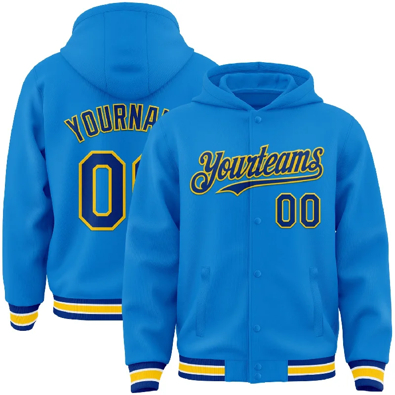 Cozy Hoodie with Kangaroo Pockets for Convenience-Custom Powder Blue Royal-Yellow Bomber Full-Snap Varsity Letterman Hoodie Jacket