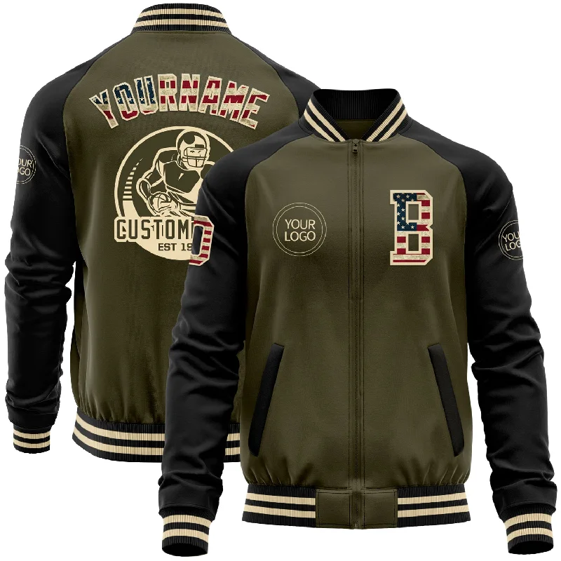 Cool Moto Jacket for Edgy Style-Custom Olive Vintage USA Flag Black-Cream Bomber Varsity Letterman Two Tone Salute To Service Zipper Jacket