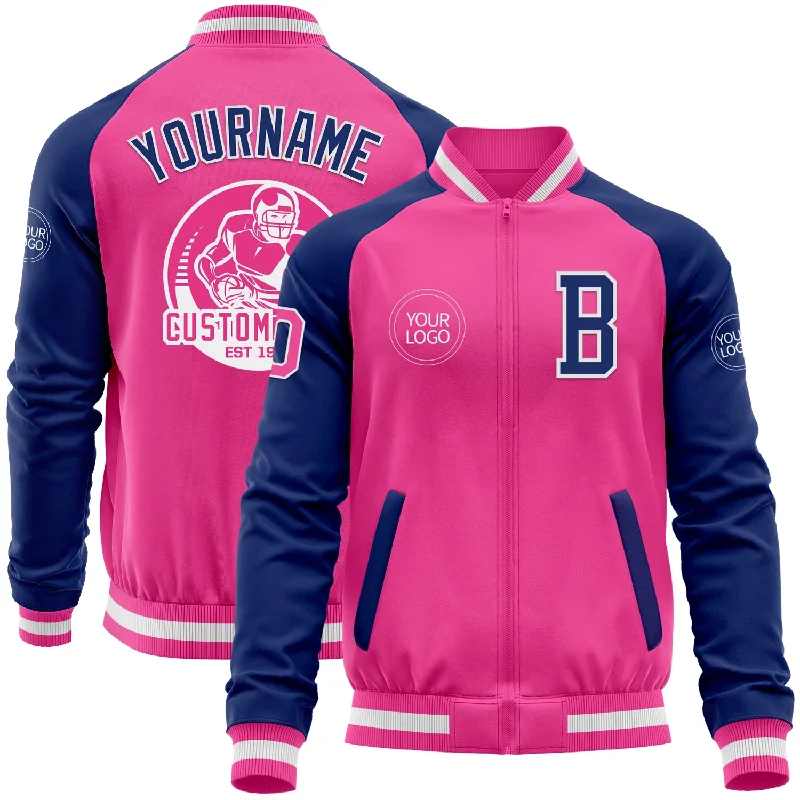 Sporty Track Jacket for Athleisure Style-Custom Pink White-Royal Bomber Varsity Letterman Two Tone Zipper Jacket