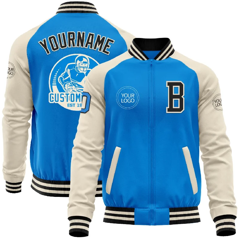 Sporty Track Jacket for Athleisure Style-Custom Powder Blue Black-Cream Bomber Varsity Letterman Two Tone Zipper Jacket