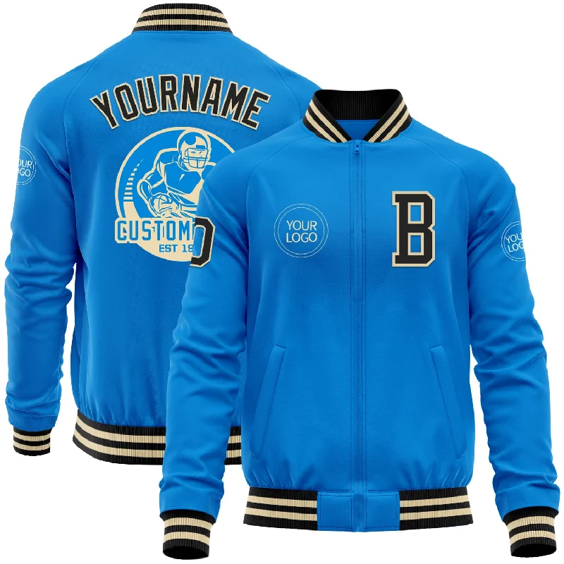 Modern Tech Jacket for Winter Protection-Custom Powder Blue Black-Cream Bomber Varsity Letterman Zipper Jacket