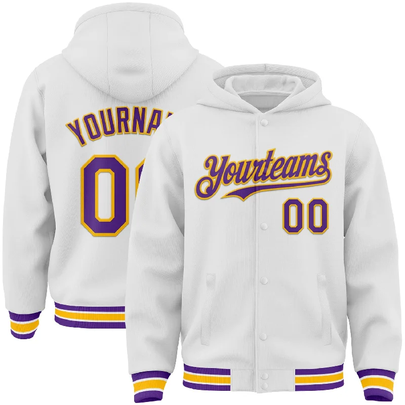 Colorblock Hoodie for Modern Appeal-Custom White Purple-Gold Bomber Full-Snap Varsity Letterman Hoodie Jacket