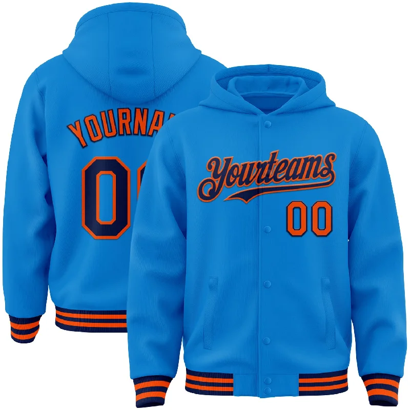 Premium Hoodie for High-Quality Comfort-Custom Powder Blue Navy-Orange Bomber Full-Snap Varsity Letterman Hoodie Jacket