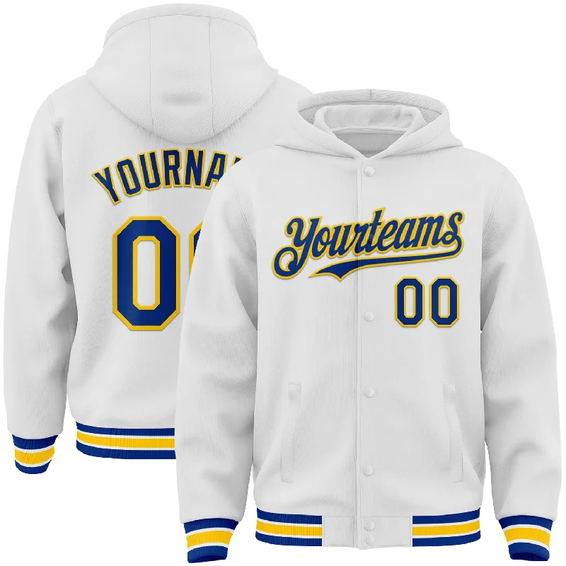 Hoodie with Bold Prints for Statement Fashion-Custom White Royal-Yellow Bomber Full-Snap Varsity Letterman Hoodie Jacket