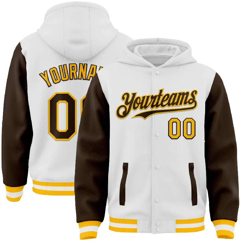 Premium Hoodie for High-Quality Comfort-Custom White Brown-Gold Bomber Full-Snap Varsity Letterman Two Tone Hoodie Jacket