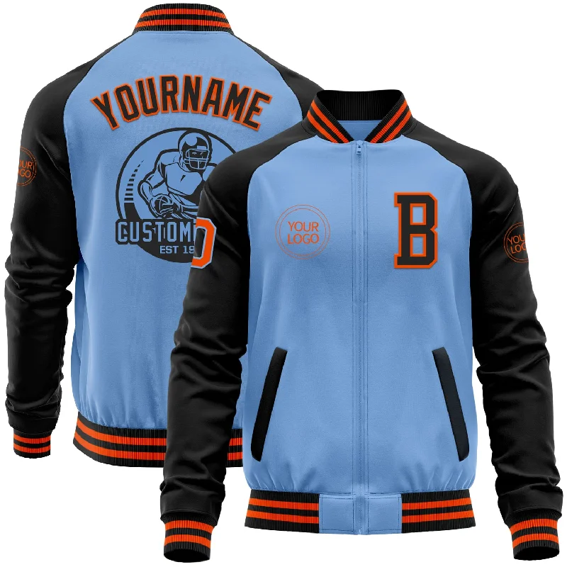 Lightweight Hiking Jacket for Outdoor Exploration-Custom Light Blue Orange-Black Bomber Varsity Letterman Two Tone Zipper Jacket