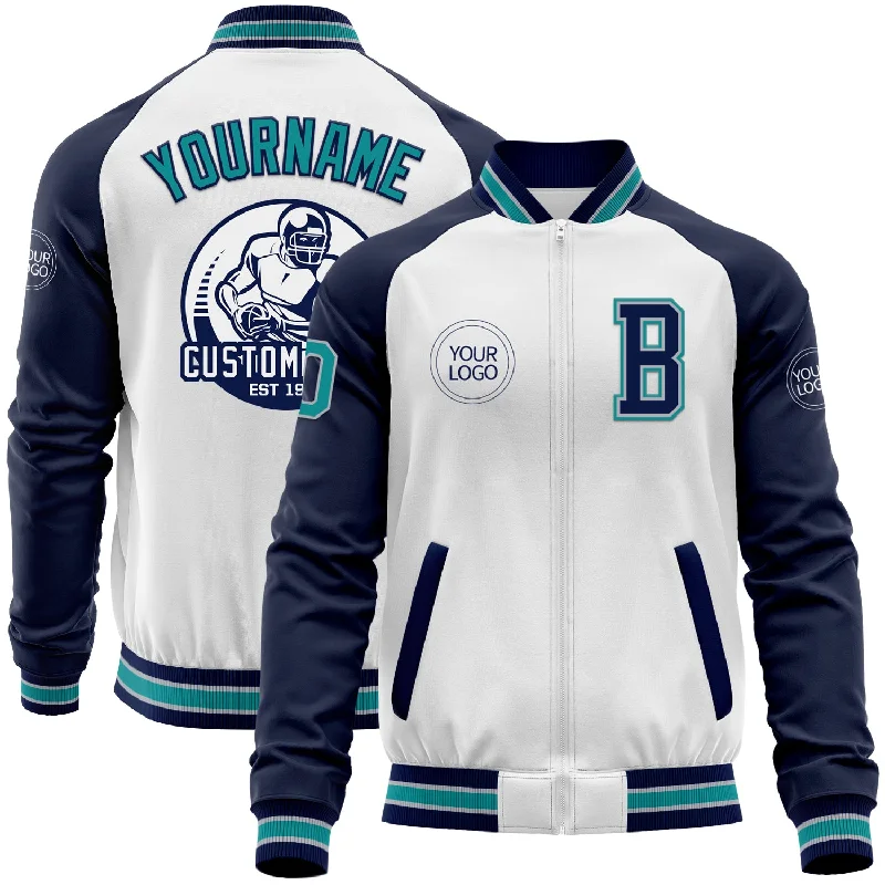 Lightweight Hiking Windbreaker for Active Comfort-Custom White Teal Gray-Navy Bomber Varsity Letterman Two Tone Zipper Jacket