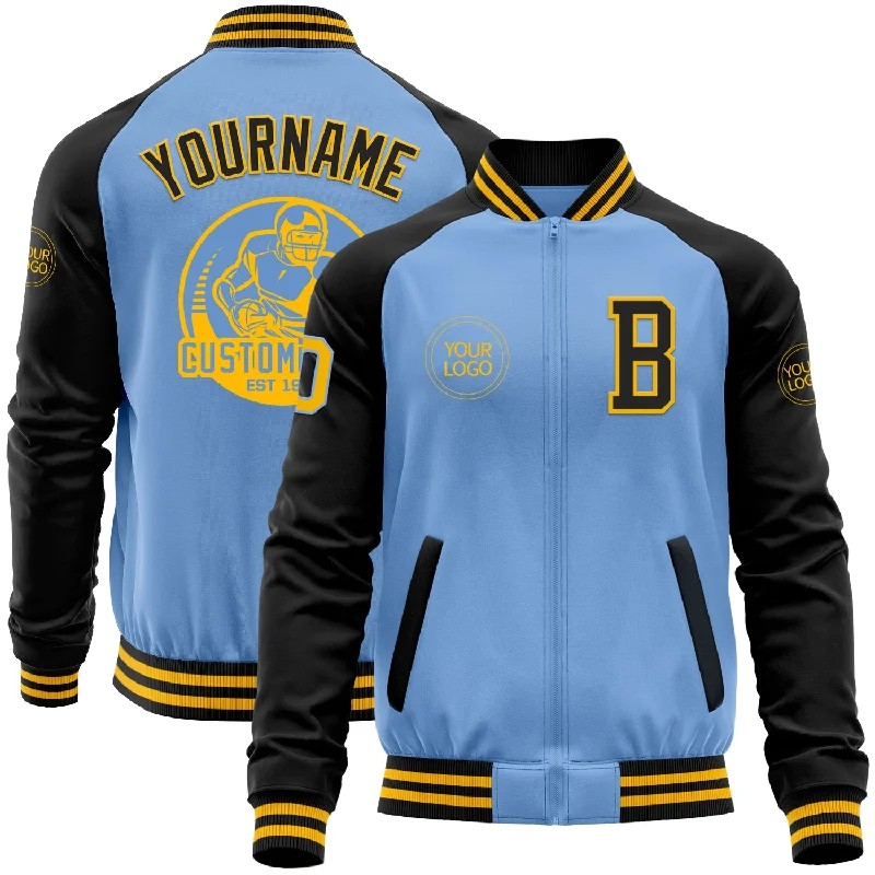 Classic Field Jacket for Rugged Outdoors-Custom Light Blue Gold-Black Bomber Varsity Letterman Two Tone Zipper Jacket