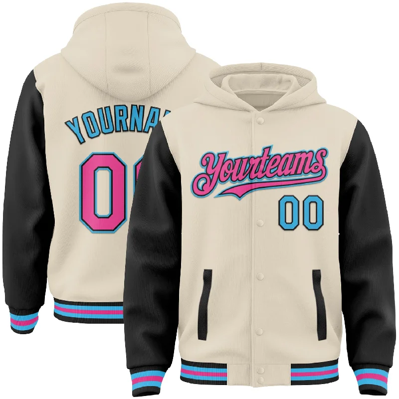 Customizable Hoodie for Personalized Style-Custom Cream Pink Black-Sky Blue Bomber Full-Snap Varsity Letterman Two Tone Hoodie Jacket