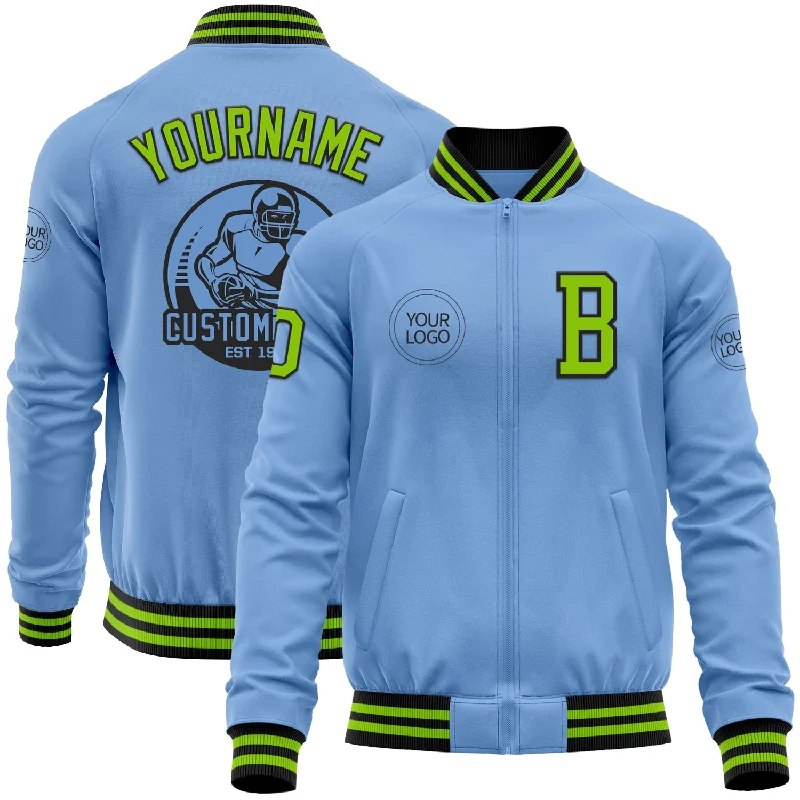 Elegant Fur-Lined Jacket for Luxury Wear-Custom Light Blue Neon Green-Black Bomber Varsity Letterman Zipper Jacket