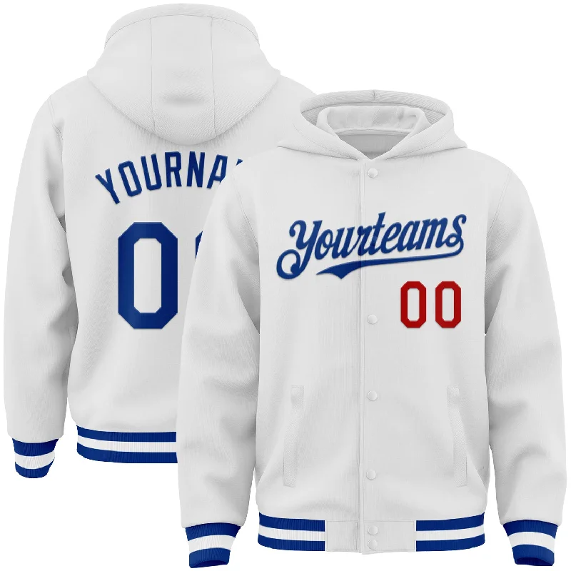 Urban Hoodie for City Life Fashion-Custom White Royal-Red Bomber Full-Snap Varsity Letterman Hoodie Jacket