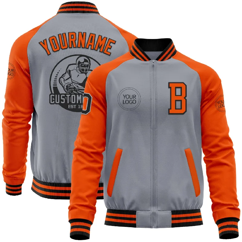 Insulated Jacket for Extreme Cold Weather-Custom Gray Black-Orange Bomber Varsity Letterman Two Tone Zipper Jacket