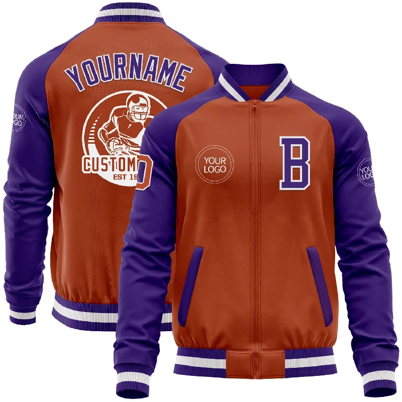 Trendy Zip Jacket for Athletic Look-Custom Texas Orange White-Purple Bomber Varsity Letterman Two Tone Zipper Jacket