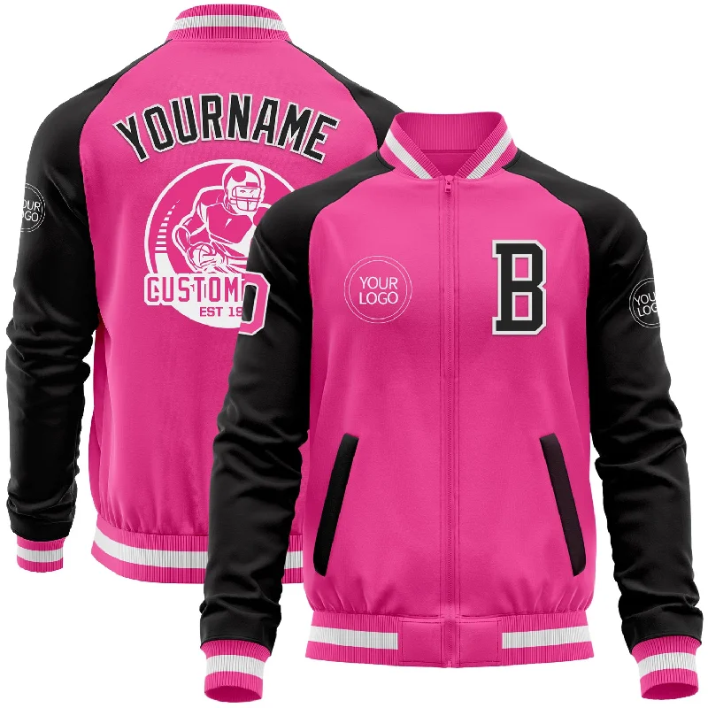 Warm Down Jacket for Cold Outdoor Activities-Custom Pink White-Black Bomber Varsity Letterman Two Tone Zipper Jacket