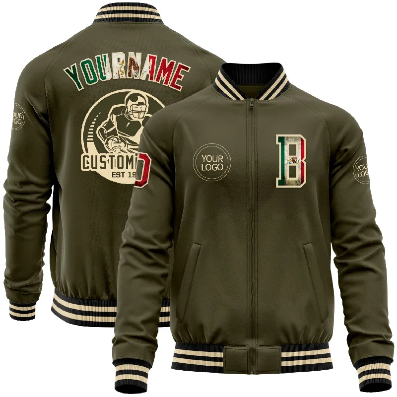 Wind-Resistant Jacket for Active Lifestyles-Custom Olive Vintage Mexican Flag Cream-Black Bomber Varsity Letterman Salute To Service Zipper Jacket