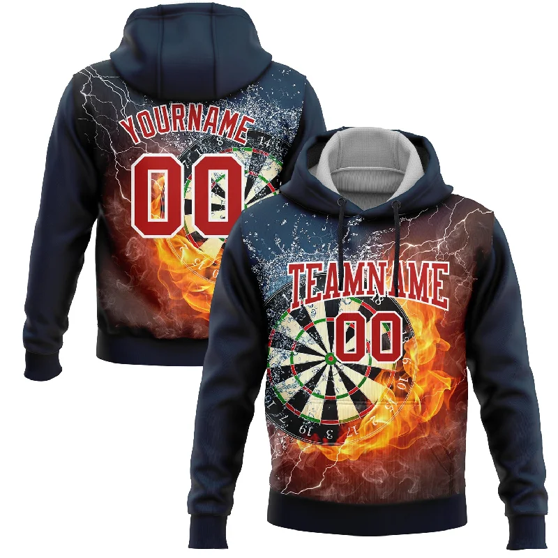 Soft Hoodie for Relaxing Weekends-Custom Stitched Navy Red-White 3D Flame Dart Board Sports Pullover Sweatshirt Hoodie