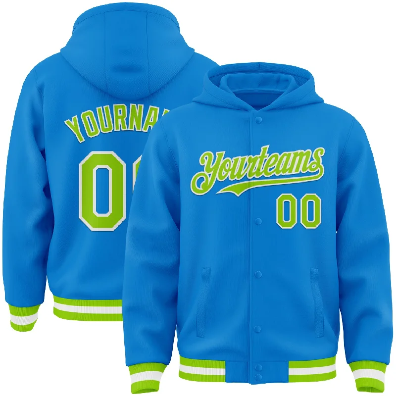 Classic Hoodie for Everyday Comfort-Custom Powder Blue Neon Green-White Bomber Full-Snap Varsity Letterman Hoodie Jacket