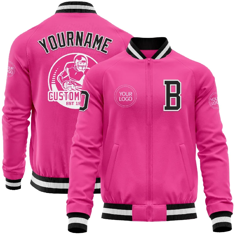 Stylish Anorak Jacket for Windy Days-Custom Pink Black-White Bomber Varsity Letterman Zipper Jacket