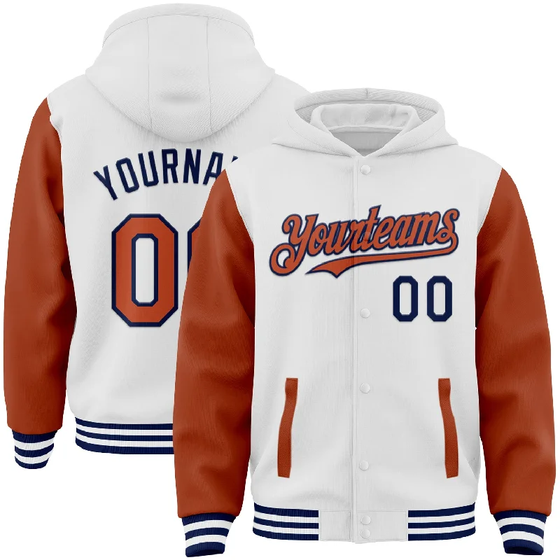 Sporty Hoodie for Gym and Workout-Custom White Texas Orange-Navy Bomber Full-Snap Varsity Letterman Two Tone Hoodie Jacket