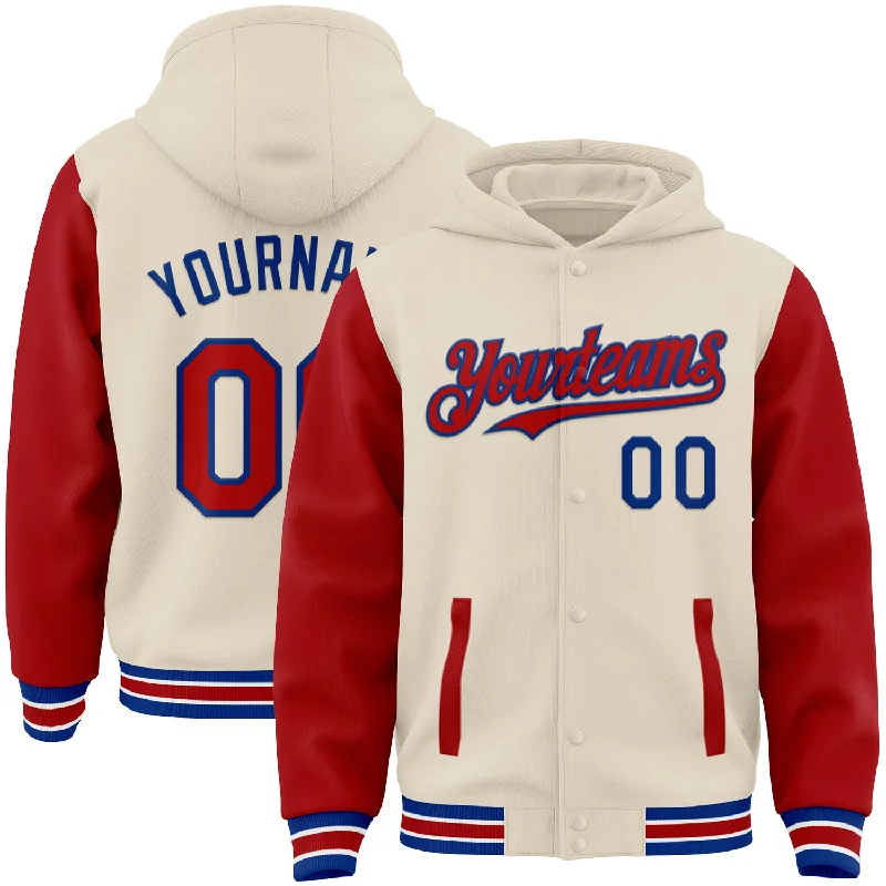 Comfortable Cotton Hoodie for All-Day Wear-Custom Cream Red Royal-White Bomber Full-Snap Varsity Letterman Two Tone Hoodie Jacket